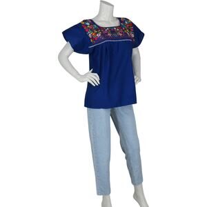 Vintage Peasant Floral Flower Embroidered Mexican Blue Top